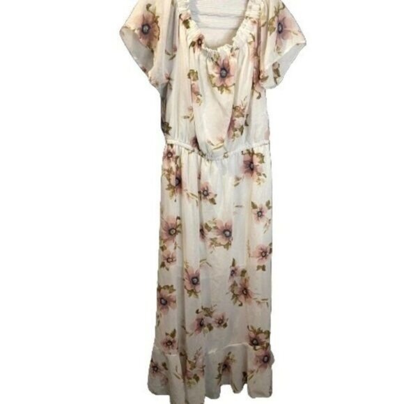 Blush Floral Flutter Sleeve Asymmetrical Ruffle Off Shoulder Women's Dress - Picture 3 of 6